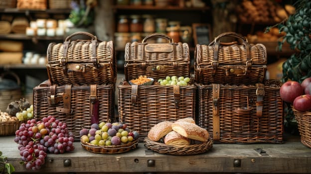 Market display with wicker baskets filled with fresh produce such as grapes and bread, with shelves of goods in the background