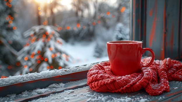 A red mug on a snowy windowsill with a red knitted scarf, festive lights, and a winter landscape outside.