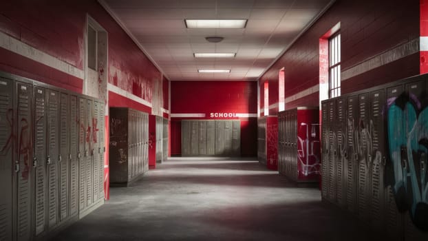 An abandoned school hallway with graffiti-covered lockers and walls, lit by sparse, dim lighting, evoking a sense of abandonment and decay.