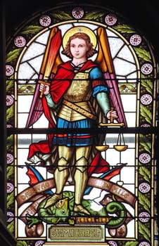 Saint Michael the Archangel, stained glass window in the Church of Saint Emeric in Sestine, Zagreb, Croatia