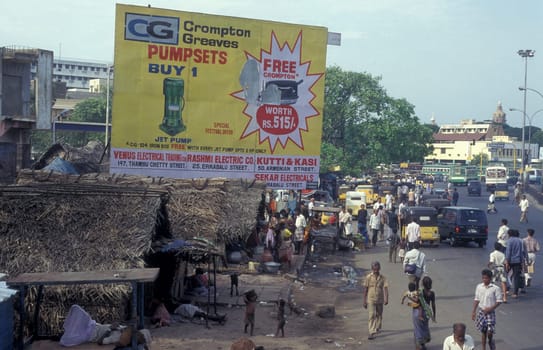 a advertising of water pump on a square in the city of Chennai in Province Tamil Nadu in India.  India, Chennai, April, 1998