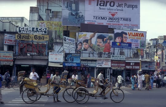 Indian Film Posters and advertising from the Film Studios of Bollywood in the city of Chennai in Province Tamil Nadu in India.  India, Chennai, April, 1998