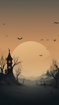 Imagine a spooky atmosphere  haunted house, bats, and barren trees set against a moody sunset backdrop