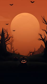 Spooky Halloween night with eerie pumpkins, flying bats under a large orange moon, sets mysterious chilling atmosphere