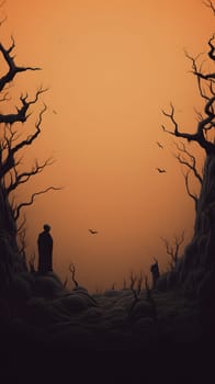 Moody scene with silhouetted figures among bare trees against an orange sky, evoking mystery and solitude.