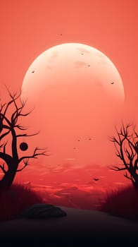 A surreal red moonrise over an ethereal landscape, featuring silhouetted trees and scattered foliage.