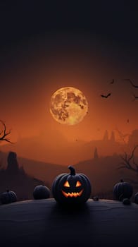 A spooky Halloween scene with jackolanterns, a full moon, and eerie landscape creates a haunting atmosphere