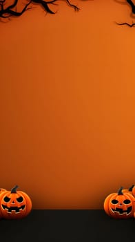 Orange Halloween background featuring spooky pumpkins and bare branches, perfect for seasonal promotions.