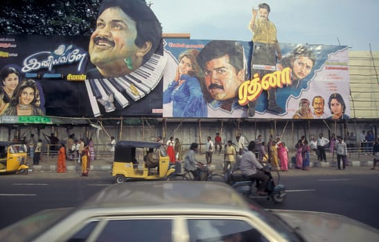 Indian Film Posters and advertising from the Film Studios of Bollywood in the city of Chennai in Province Tamil Nadu in India.  India, Chennai, April, 1998