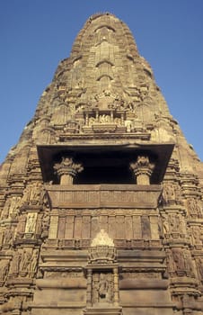a view of the Erotic Temple and Hindu Temple of Kandarija Mahadeva Temple in the city of Khajurao in Province Madhya Pradesh in India.  India, Khajurao, April, 1998