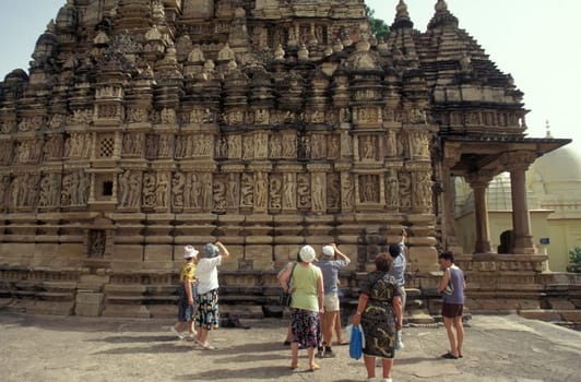 a view of the Erotic Temple and Hindu Temple of Kandarija Mahadeva Temple in the city of Khajurao in Province Madhya Pradesh in India.  India, Khajurao, April, 1998