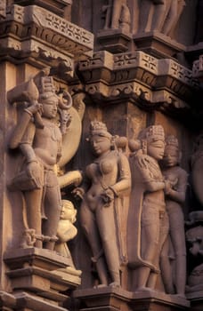 Erotic Sculptures at the erotic Temple or Hindu Temple of Kandarija Mahadeva Temple in the city of Khajurao in Province Madhya Pradesh in India.  India, Khajurao, April, 1998