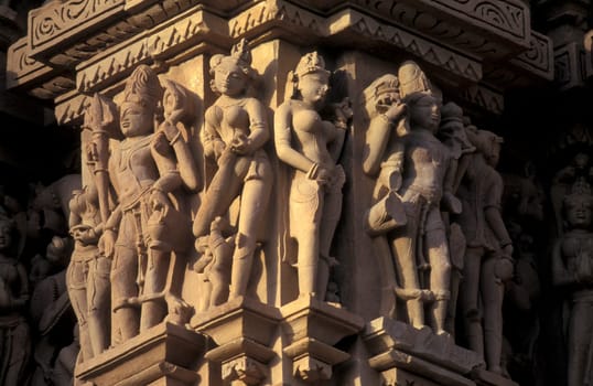 Erotic Sculptures at the erotic Temple or Hindu Temple of Kandarija Mahadeva Temple in the city of Khajurao in Province Madhya Pradesh in India.  India, Khajurao, April, 1998