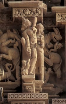 Erotic Sculptures at the erotic Temple or Hindu Temple of Kandarija Mahadeva Temple in the city of Khajurao in Province Madhya Pradesh in India.  India, Khajurao, April, 1998