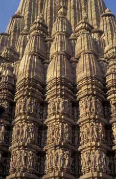 a view of the Erotic Temple and Hindu Temple of Kandarija Mahadeva Temple in the city of Khajurao in Province Madhya Pradesh in India.  India, Khajurao, April, 1998