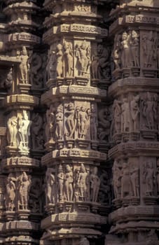 a view of the Erotic Temple and Hindu Temple of Kandarija Mahadeva Temple in the city of Khajurao in Province Madhya Pradesh in India.  India, Khajurao, April, 1998