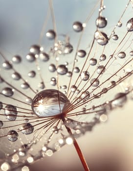 Dandelion in the morning with dew drops close-up.