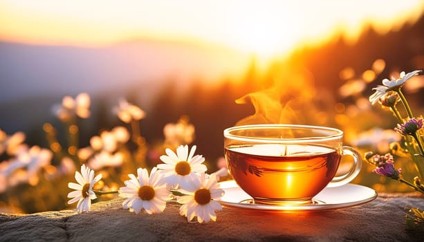 Cup of fresh tea in the evening in the backlight.
