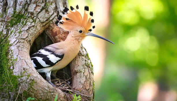 Hoopoe in the forest sits on the trunk in front of the nest.