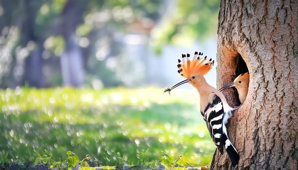 Hoopoe in the forest sits on the trunk in front of the nest.