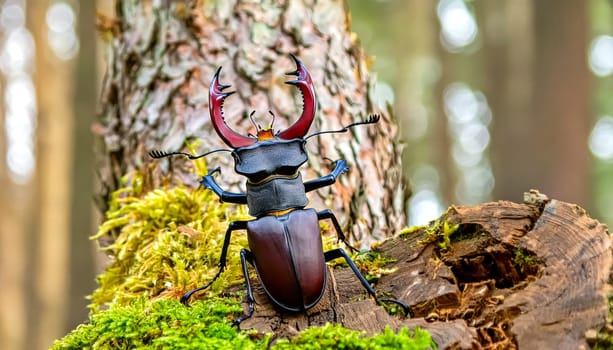 Male stag beetle outdoors on a tree.