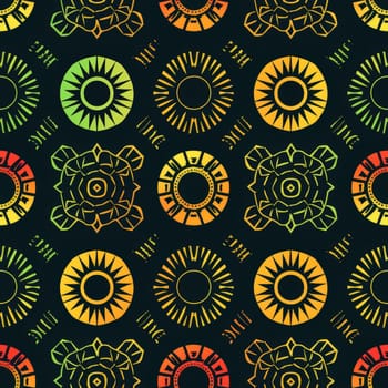 This seamless pattern features a collection of ethnic African icons, presented in a vibrant gradient of green, yellow, and orange against a dark background. The bold colors and high contrast make the icons stand out, creating a visually striking and culturally rich design. Perfect for backgrounds, textiles, and artistic projects.