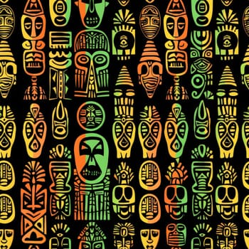 This seamless pattern features a collection of ethnic African icons, presented in a vibrant gradient of green, yellow, and orange against a dark background. The bold colors and high contrast make the icons stand out, creating a visually striking and culturally rich design. Perfect for backgrounds, textiles, and artistic projects.