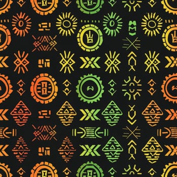 This seamless pattern features a collection of ethnic African icons, presented in a vibrant gradient of green, yellow, and orange against a dark background. The bold colors and high contrast make the icons stand out, creating a visually striking and culturally rich design. Perfect for backgrounds, textiles, and artistic projects.