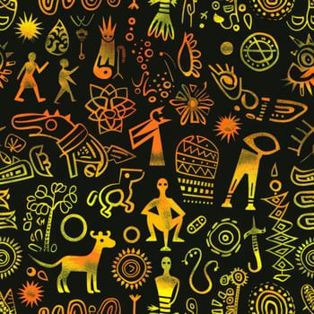 This seamless pattern features a collection of ethnic African icons, presented in a vibrant gradient of green, yellow, and orange against a dark background. The bold colors and high contrast make the icons stand out, creating a visually striking and culturally rich design. Perfect for backgrounds, textiles, and artistic projects.