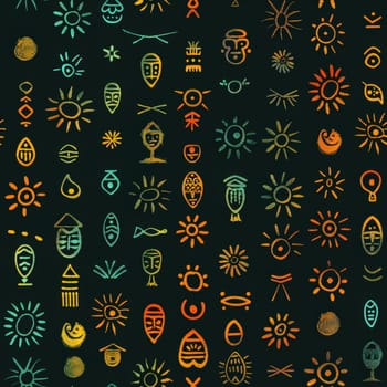 This seamless pattern features a collection of ethnic African icons, presented in a vibrant gradient of green, yellow, and orange against a dark background. The bold colors and high contrast make the icons stand out, creating a visually striking and culturally rich design. Perfect for backgrounds, textiles, and artistic projects.