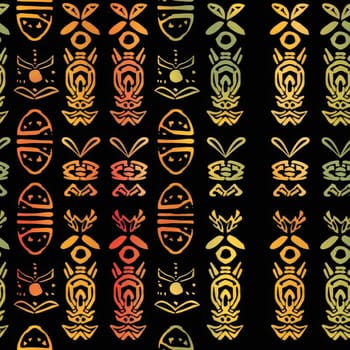 This seamless pattern features a collection of ethnic African icons, presented in a vibrant gradient of green, yellow, and orange against a dark background. The bold colors and high contrast make the icons stand out, creating a visually striking and culturally rich design. Perfect for backgrounds, textiles, and artistic projects.