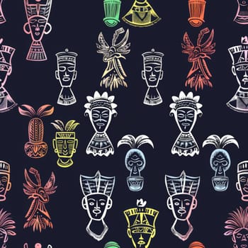 This seamless pattern features a collection of ethnic African icons, presented in a vibrant gradient of green, yellow, and orange against a dark background. The bold colors and high contrast make the icons stand out, creating a visually striking and culturally rich design. Perfect for backgrounds, textiles, and artistic projects.