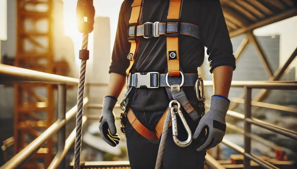 A construction worker wearing a safety harness and gloves on a building site. The background shows industrial equipment and the sun setting.