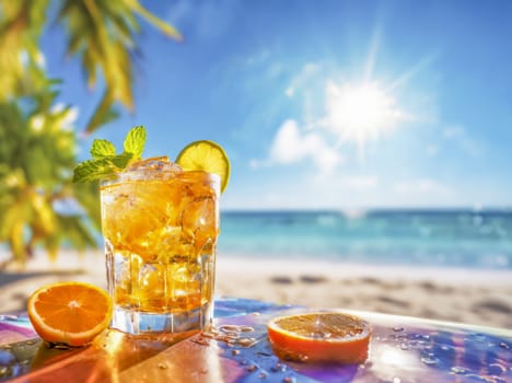A refreshing orange cocktail with mint leaves and a slice of orange on a sunny tropical beach. Palm trees and ocean in the background under a bright sun.