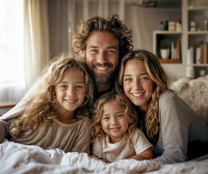 A happy family of four, including two children and two adults, relaxing together at home. They are smiling and enjoying a cozy moment indoors.