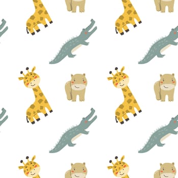 Childrens animals pattern, cute african jungle and tropical animal background for textile, poster, cover, wrapping paper. Wild animals pattern. Crocodile, hippo, giraffe design.