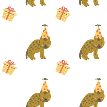 Childrens animals pattern, cute african jungle and tropical animal background for textile, poster, cover, wrapping paper. Celebration animals hyena pattern for christmas, birthday, other holidays.