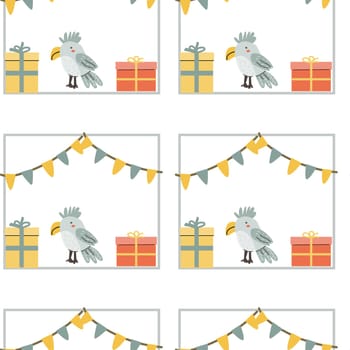 Childrens animals pattern, cute african jungle and tropical animal background for textile, poster, cover, wrapping paper. Celebration animals pattern for christmas, birthday, other holidays. Parrot.