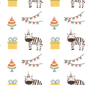 Childrens animals pattern, cute african jungle and tropical animal background for textile, poster, cover, wrapping paper. Celebration animals pattern for christmas, birthday, other holidays. Zebra.
