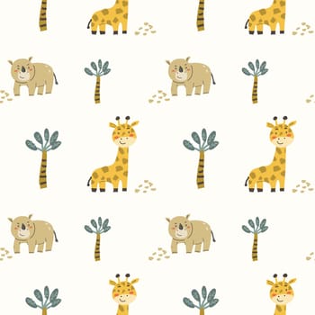 Childrens animals pattern with tropical plants. Childish cute print design with african animals and palm and hand drawn elements. Kids nursery scandinavian cartoon characters.
