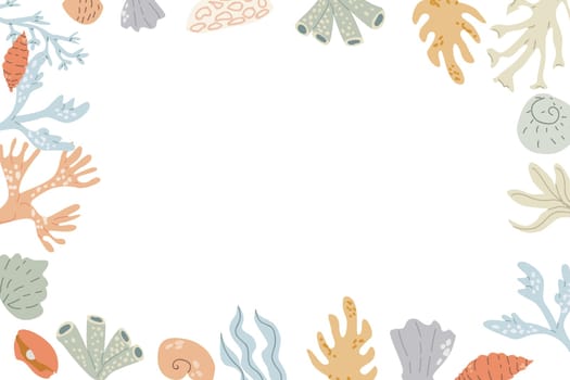 Cute marine frame with sea animals, shell, dolphin and other ocean inhabitants. Nursery pastel design. Childrens sea animals background.