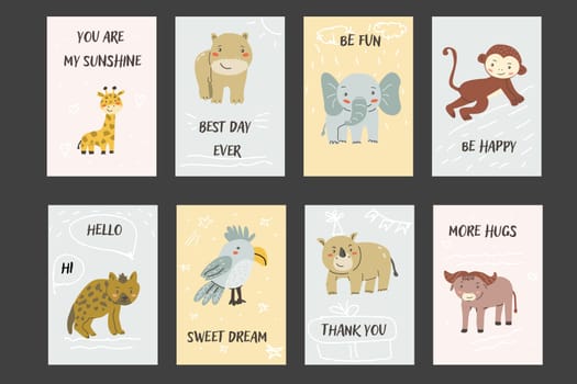 Childrens animals posters set. Nursery design. Cute baby african animals cards. Hand drawn wild pets posters collection.