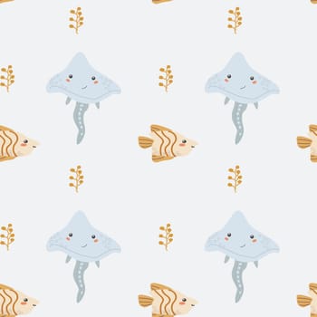 Childrens sea animals pattern, childish ocean marine life seamless background. Nursery baby animals print. Underwater inhabitants collection background for kids textile, clothes, wallpapers.