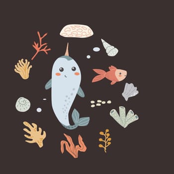 Childrens sea animal background with shell. Nautical elements card. Cute fish or ocean inhabitant with seaweed. Sea wild life, marine animals with plants for cover design, cloth