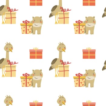 Childrens animals pattern, cute african jungle and tropical animal background for textile, poster, cover, wrapping paper. Celebration animals pattern for christmas, birthday, other holidays. Hippo.