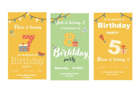 Childrens birthday invitation posters set. Can used for birthday party, childish design. Cute animals and gifts. Tropical animals party invite backgrounds set.