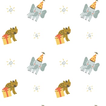 Childrens animals pattern, cute african jungle and tropical animal background for textile, poster, cover, wrapping paper. Celebration animals pattern for christmas, birthday, other holidays. Elephant.