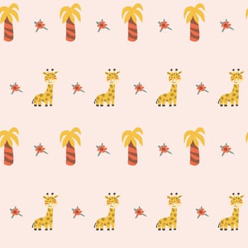 Childrens animals pattern with tropical plants. Childish cute print design with african animals and palm and hand drawn elements. Kids nursery scandinavian cartoon characters.