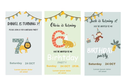Childrens birthday invitation posters set. Can used for birthday party, childish design. Cute animals and gifts. Tropical animals party invite backgrounds set.