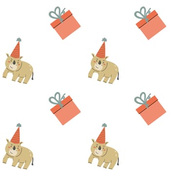 Childrens animals pattern, cute african jungle and tropical animal background for textile, poster, cover, wrapping paper. Celebration animals pattern for christmas, birthday, other holidays. Hippo.